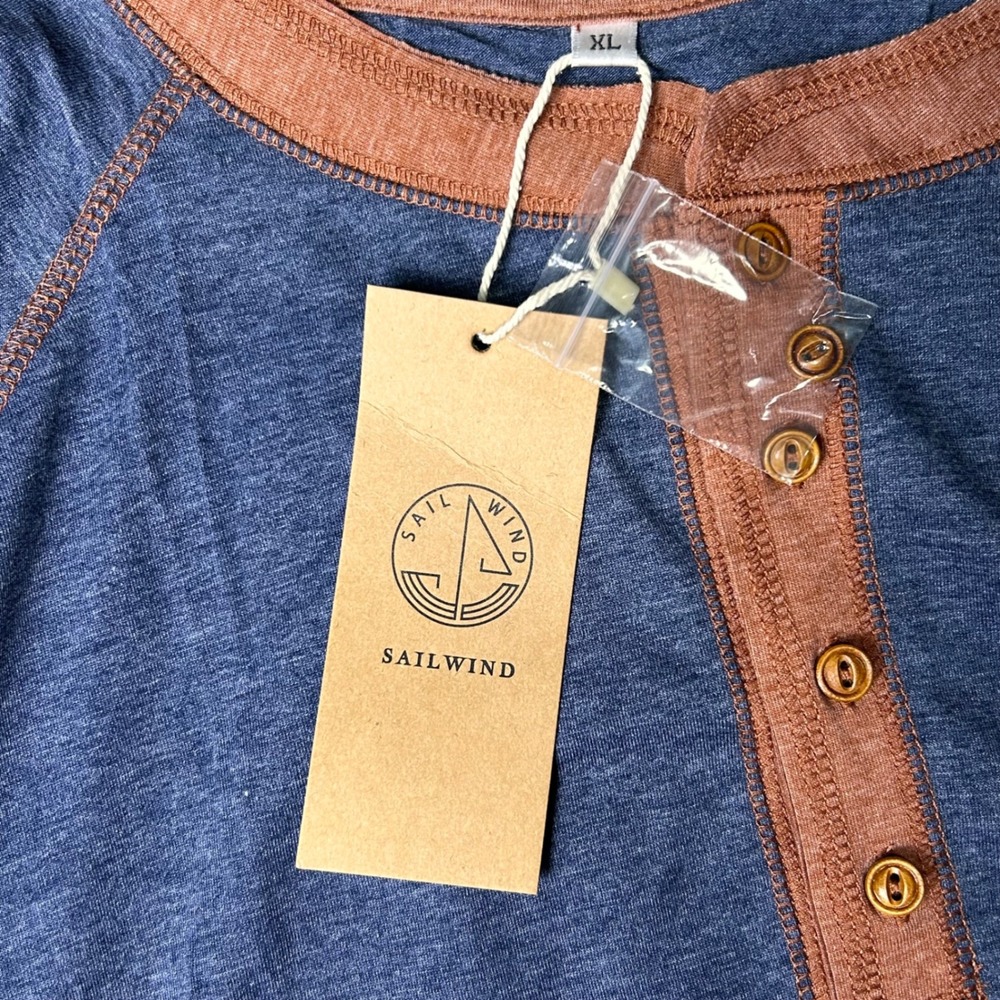 SAILWIND Mens Long Sleeve Henley Shirt XL Blue Orange Contrast Stitching NWT - Picture 4 of 8